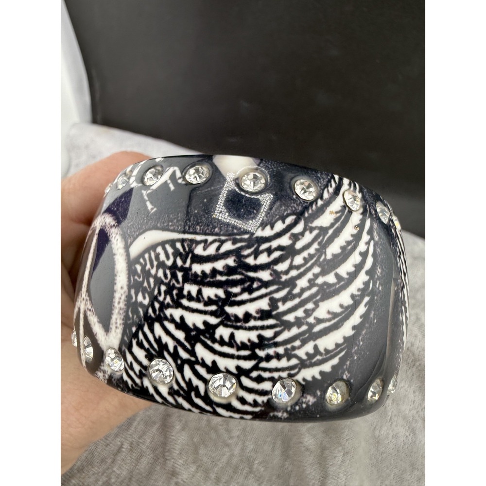 Chunky Bangle Cuff Bracelet Black White Angel Wings Peace Rhinestone 8.5" - Picture 3 of 7